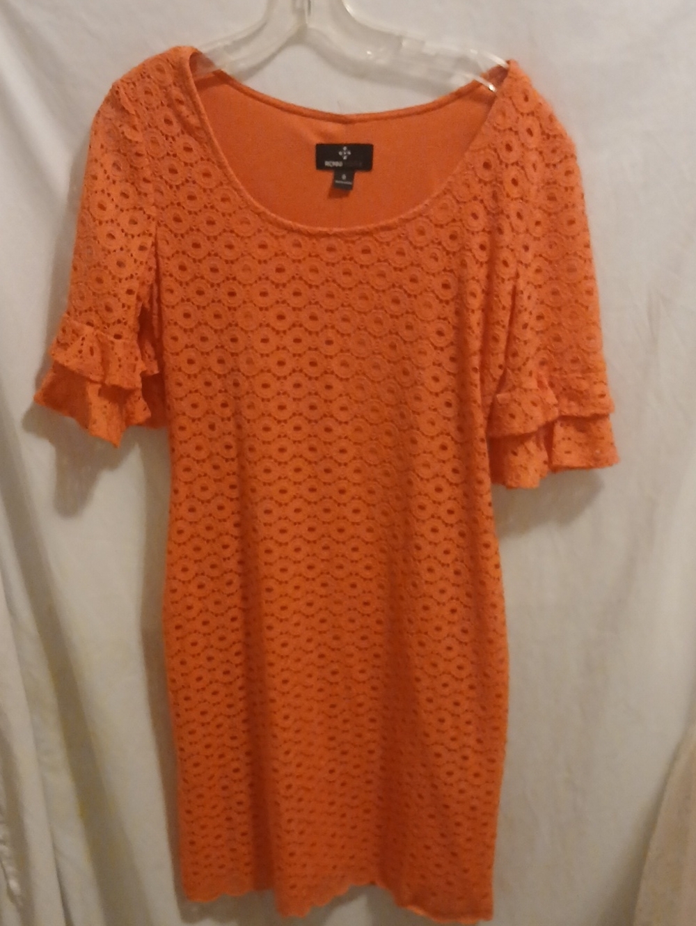 Ronni Nicole Orange Lace Midi Dress with Ruffled Short Sleeves